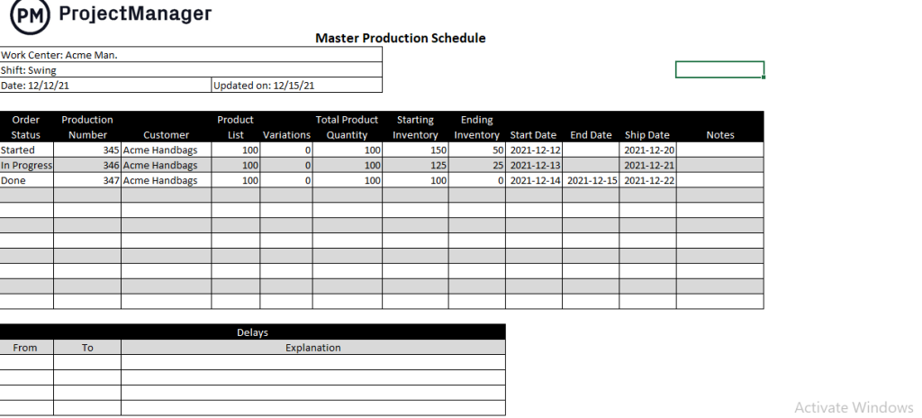 Production Schedule Template
