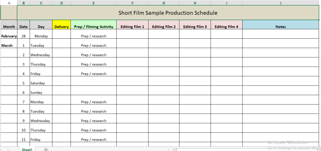 production schedule template film