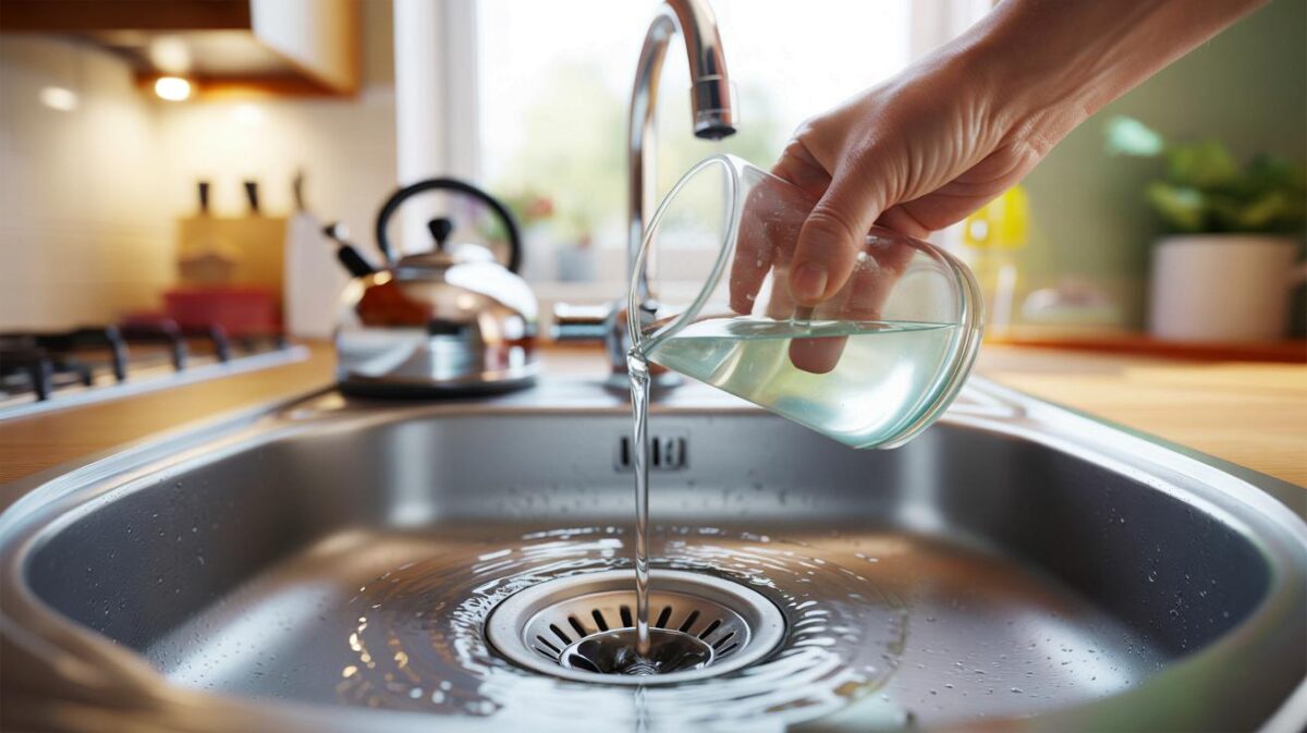 No vinegar and no baking soda: pour half a glass of this and the drain practically cleans itself